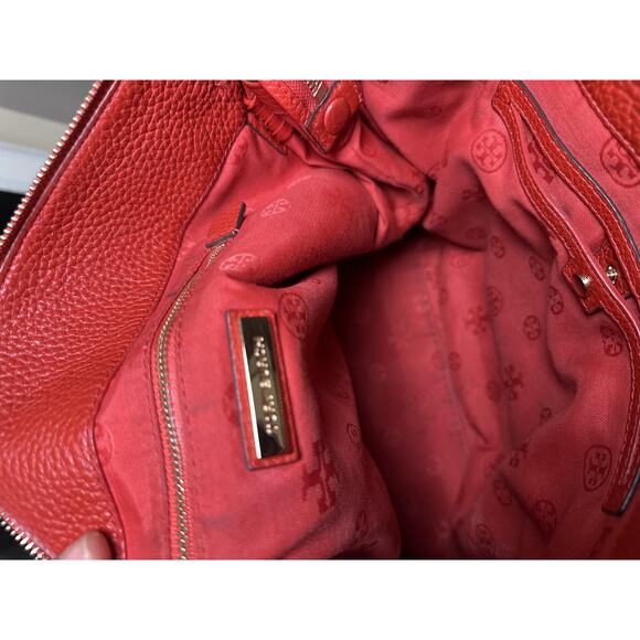 Tory Burch Leather Shoulder Bag Womens Red Braided Handle Hobo Pebbled Logo Zip - Picture 9 of 12
